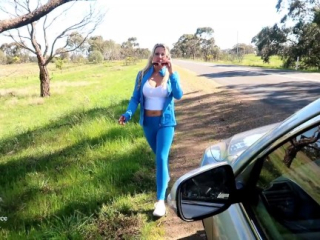 Blonde slut gf Paris Bentley face fucked and facialed on side of the road