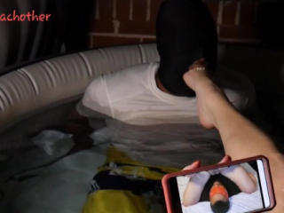 Foot worship | deep foot gagging in neighbors hot tub at night!