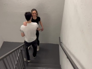 Public stairwell fuck in yoga pants with 2 guys ending in double facial / Amateur hotwife