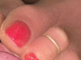 Nylon feet rubbing cock after fresh pedicure