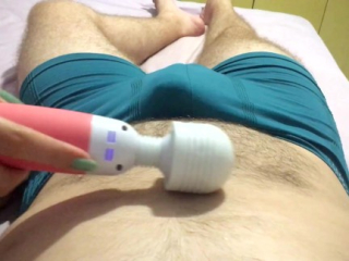 Cum in pants handjob, she made him cum with her magic wand vibrator