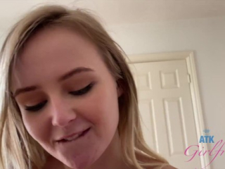 Cute blonde sucking fucking and stroking (footjob even) POV before mounting it (Natalia Queen)