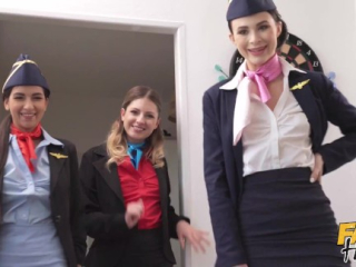 Fake Hostel – Three hot flight attendants play with a massive Danish cock in sexy foursome group