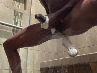 Chocolate Boy Wonder Masturbates in the shower after  gym workout.