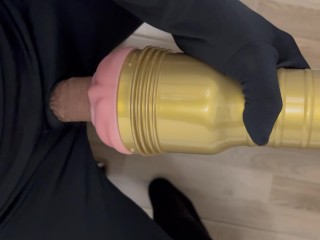 Horny man fucking with dick flashlight toy