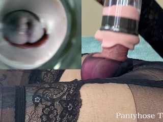 Pantyhose Femboy gets a Sloppy Blowjob Split Screen Internal Camera Stroker