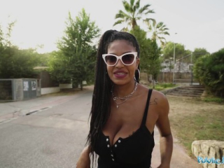 Public Agent Ebony Tina Fire and huge swinging and bouncing boobs fucked outdoors