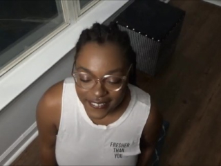 Thick Ebony Girlfriend sucks cock as neighbors watch