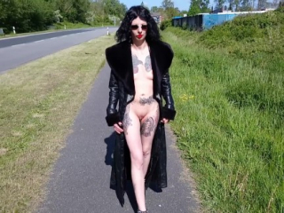 Slut Lucy Ravenblood walking nude at a public road