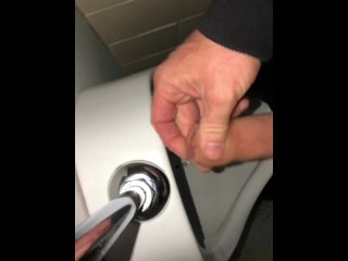 Risky Public Washroom Masturbation Pissing and Cumming into a Urinal