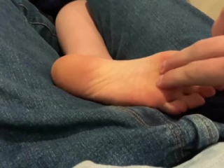 Massaging and tickling tiny size 6 teen feet