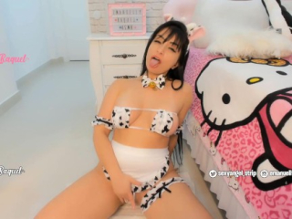 Sexy Girl dressed as a cow costume getting a cum shower on her big boobs and mouth, free version