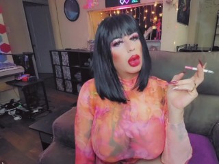 Hot sexy crossdresser smoking with heavy makeup and lots of lipstick cross dressing trans smoke